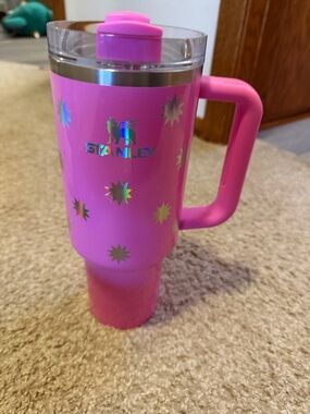 Stanley Pink Travel Tumbler with Handle and Holographic Stars